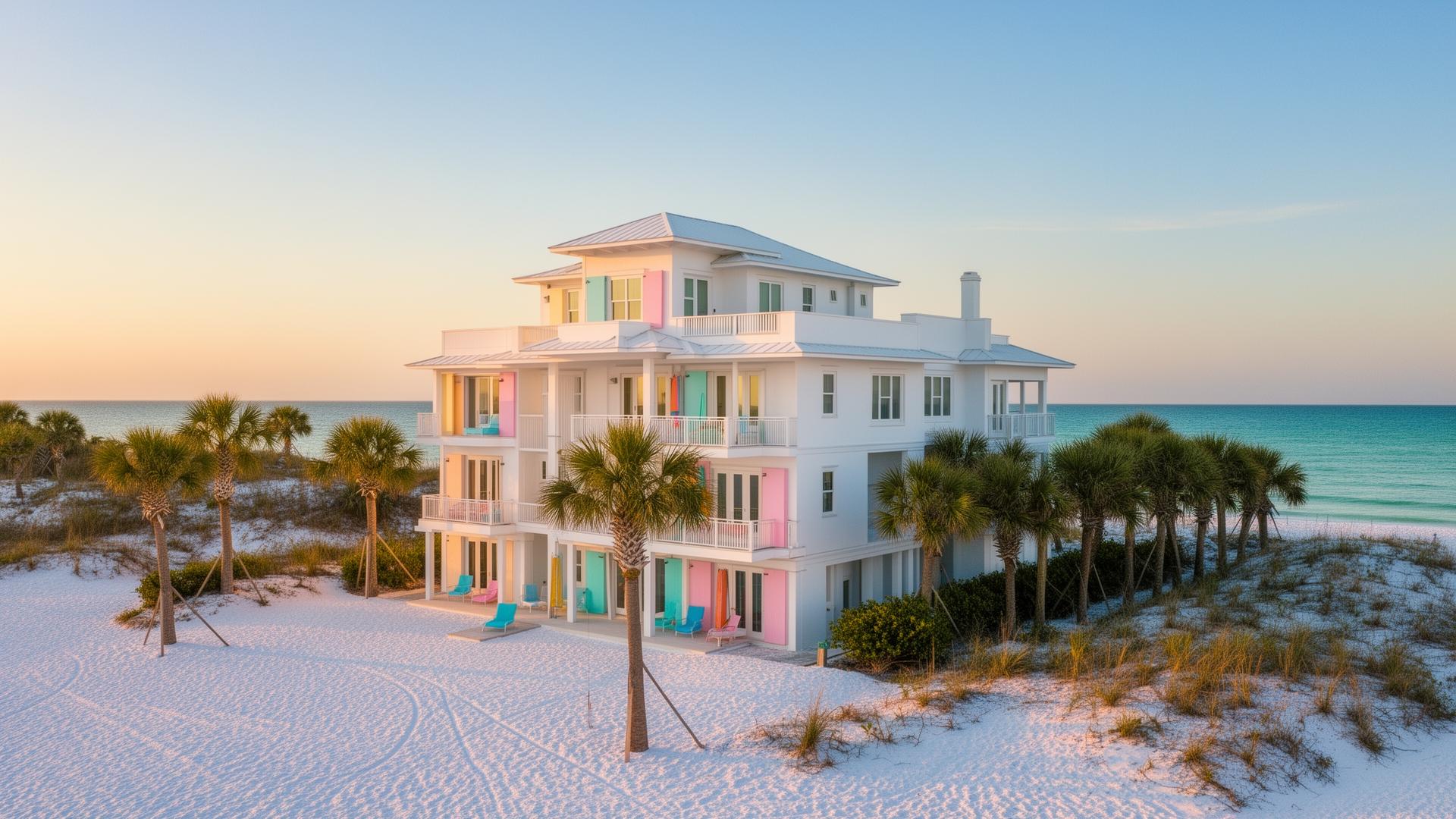 Featured short-term rental — 30A beachfront home in Destin, Florida at golden hour